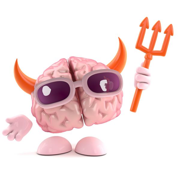 رندر سه بعدی یک شخصیت مغزی که لباس شیطان می پوشد