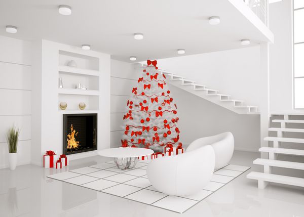 درخت کریسمس در اتاق سفید مدرن با رندر سه بعدی داخلی شومینه