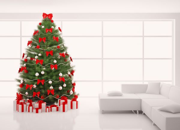 درخت کریسمس با تزئینات قرمز در رندر سه بعدی داخلی اتاق سفید