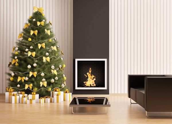 درخت کریسمس در اتاق مدرن با رندر 3 بعدی داخلی شومینه