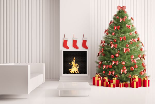 درخت کریسمس در اتاق مدرن با رندر 3 بعدی داخلی شومینه
