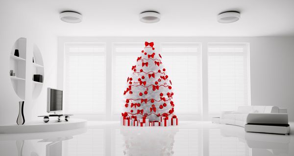 درخت کریسمس با تزئینات قرمز در رندر سه بعدی داخلی اتاق نشیمن