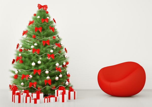درخت کریسمس با تزئینات در اتاق با رندر 3 بعدی داخلی صندلی راحتی قرمز