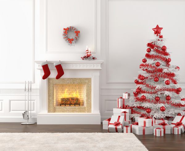 دکوراسیون داخلی شومینه به سبک مدرن با درخت کریسمس و هدیه در رنگ های سفید و قرمز روشن