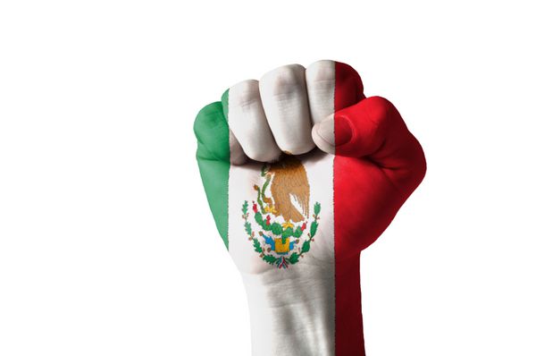 تصویر کم کلیدی از یک مشت نقاشی شده با رنگ های پرچم مکزیک