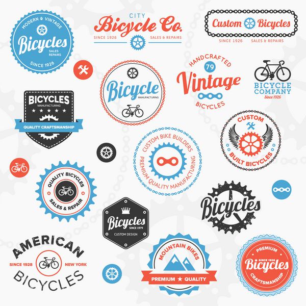 مجموعه ای از نشان ها و برچسب های لوگوی فروشگاه دوچرخه کلاسیک و مدرن