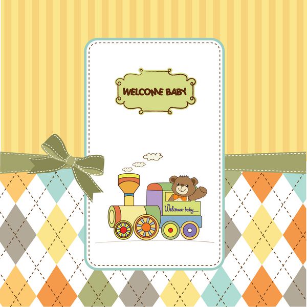 کارت حمام نوزاد با خرس عروسکی و اسباب بازی قطار