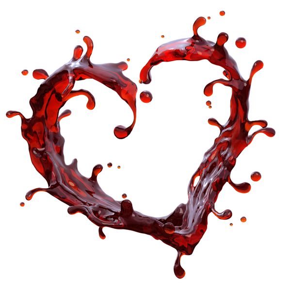 شراب قرمز یا آبمیوه شکل قلب جدا شده در پس زمینه سفید پاشش مایع انتزاعی