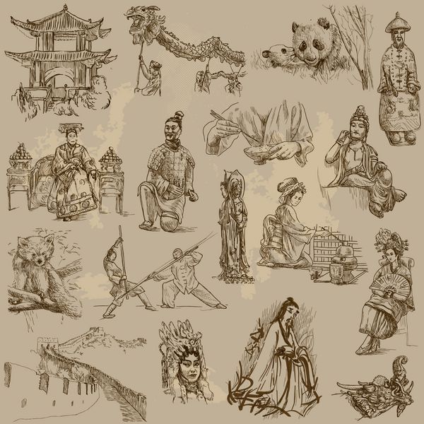 سری سفر چین - مجموعه ای از تصاویر کشیده شده با دست توضیحات تصاویر طراحی شده با دست در اندازه کامل که روی کاغذ قدیمی طراحی شده اند