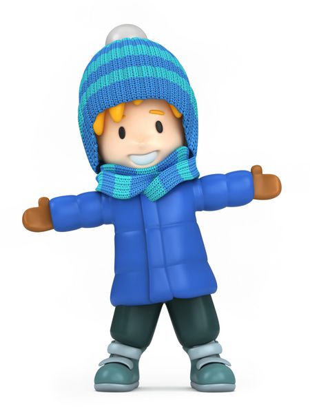 رندر سه بعدی یک بچه شاد که لباس زمستانی پوشیده است