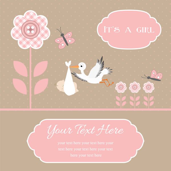 کارت حمام نوزاد برای نوزاد دختر گل دکمه ای با لک لک وکتور تصویر