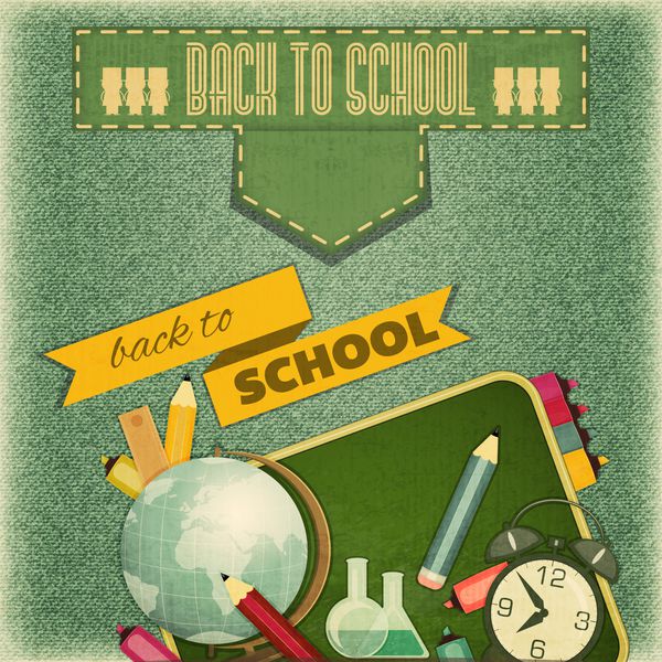 کارت رترو - طراحی بازگشت به مدرسه - تابلوی مدرسه و وسایل مدرسه روی پس زمینه شلوار جین قدیمی - وکتور