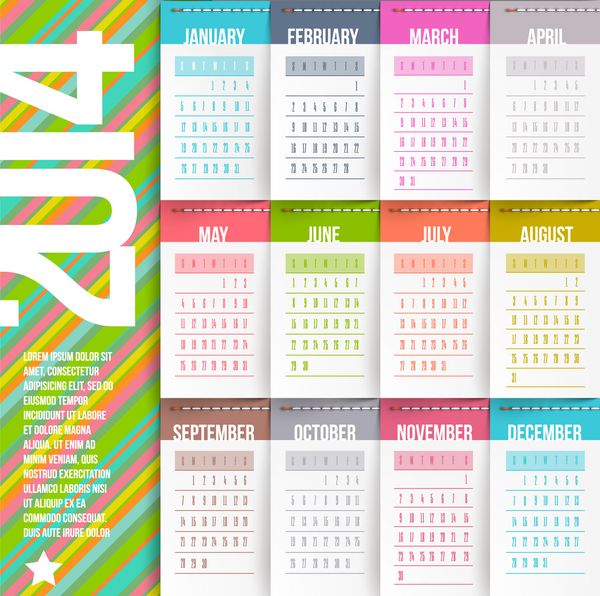 قالب طرح وکتور - تقویم سال 2014 با برچسب های دوخته شده-ماه