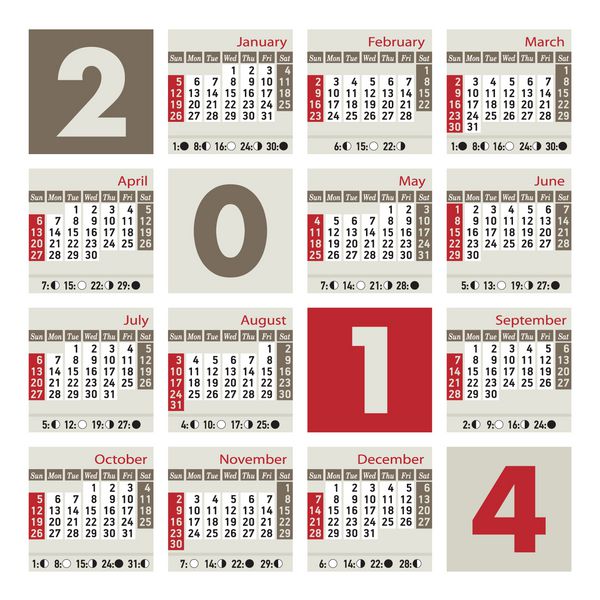 تقویم 2014 که با یکشنبه ها شروع می شود شامل مراحل ماه می شود