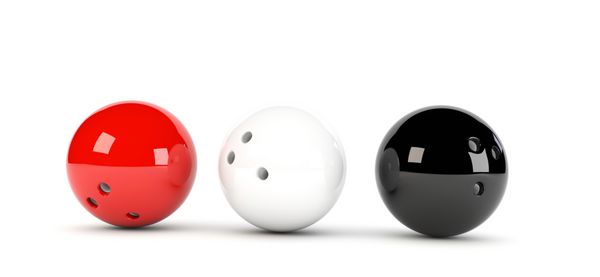 تصویر سه بعدی از 3 توپ بولینگ قرمز به رنگ قرمز سفید و سیاه