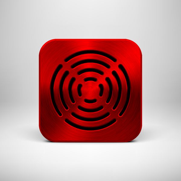 نماد برنامه فناوری انتزاعی قرمز الگوی دکمه با الگوی گریل بلندگوی سوراخ‌دار بافت فلزی کروم استیل نقره‌ای و سایه واقعی برای رابط‌ها UI و برنامه‌ها برنامه‌ها