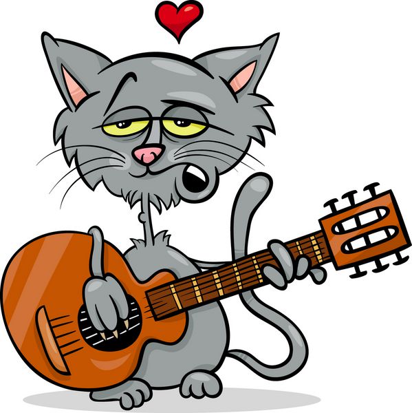 تصویر کارتونی روز ولنتاین از گربه بامزه عاشق در حال نواختن گیتار و آواز خواندن