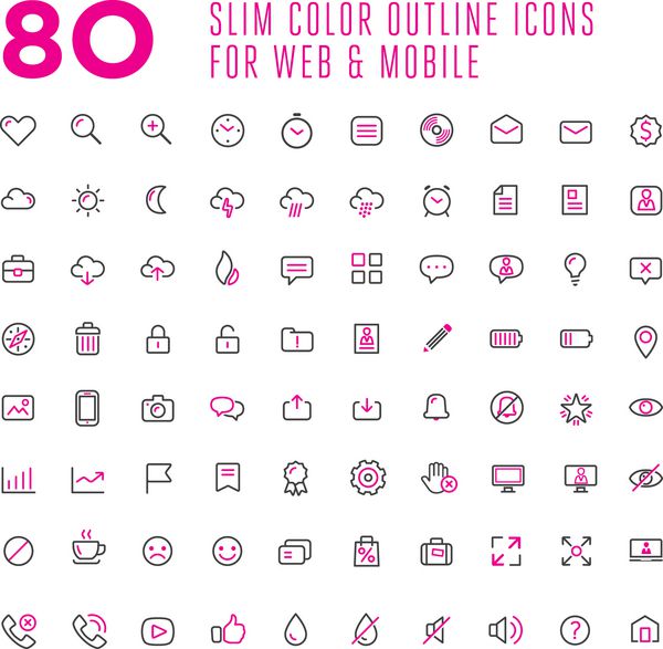80 آیکون طرح کلی وکتور رنگی نازک برای وب و موبایل