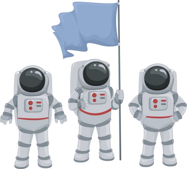 تصویری از تیمی از فضانوردان که زیر یک پرچم خالی جمع شده اند
