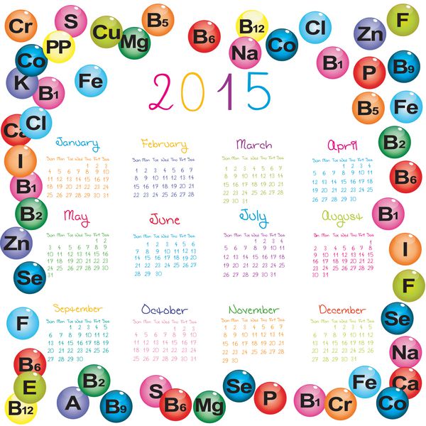 تقویم 2015 با ویتامین ها و مواد معدنی برای داروخانه ها و بیمارستان ها