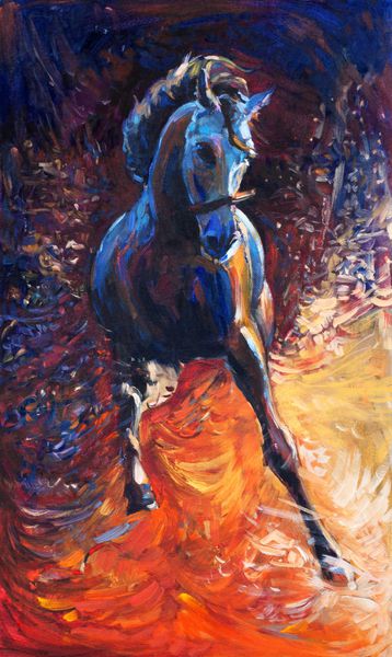 نقاشی رنگ روغن انتزاعی اصلی یک اسب آبی زیبا در حال دویدن امپرسیونیسم مدرن نقاشی مربوط به سال 2014 - سال اسب آبی