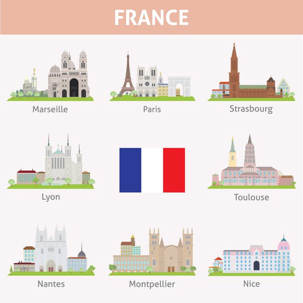 فرانسه نمادهای شهرها مجموعه وکتور