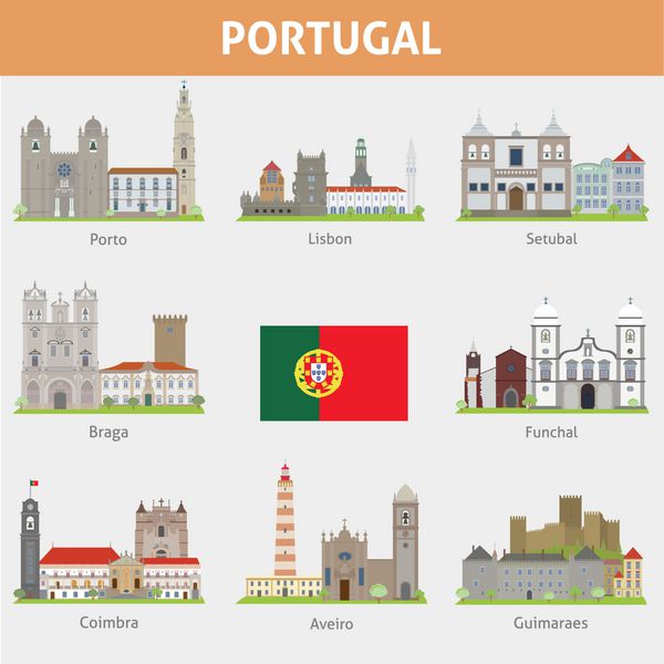 کشور پرتغال نمادهای شهرها مجموعه وکتور