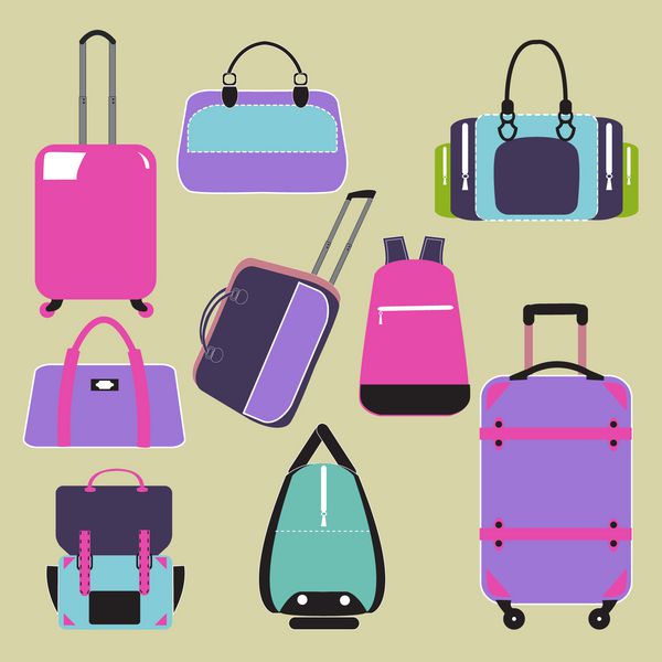 مجموعه وکتور نمادهای تخت مدرن با چمدان و کیف مسافرتی