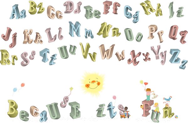 الفبای سه بعدی با حروف بزرگ و کوچک و ترکیب بندی با کودکان خنده دار جدا شده در پس زمینه سفید