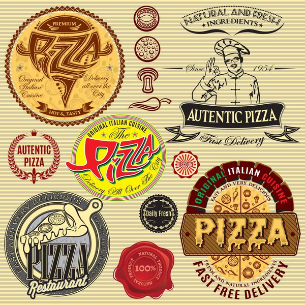 مجموعه ای از نمادها با موضوع یک رستوران تحویل پیتزا