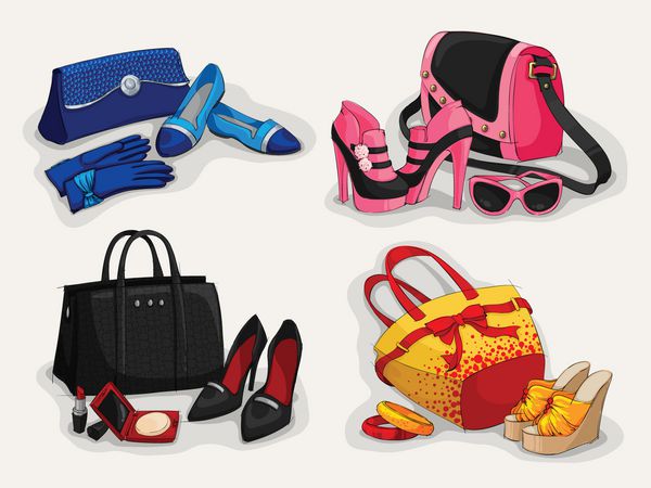 مجموعه ای از کیف های لوکس زنانه کفش کلاسیک و لوازم جانبی مدرن جدا شده وکتور