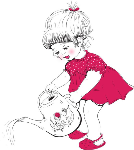 دختری با قوطی آبیاری در لباس قرمز روی پس‌زمینه سفید وکتور