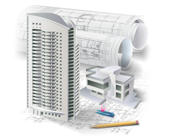 پس زمینه معماری با مدل ساختمان سه بعدی و رول نقشه ها بخشی از پروژه معماری پلان معماری پروژه فنی پلان ساخت و ساز