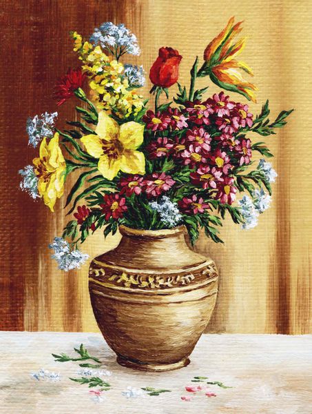 نقاشی رنگ روغن روی بوم یک دسته گل باغ در یک آمفورا سفالی