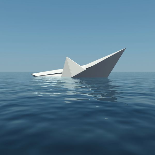 قایق کاغذی در دریا غرق می شود رندر سه بعدی