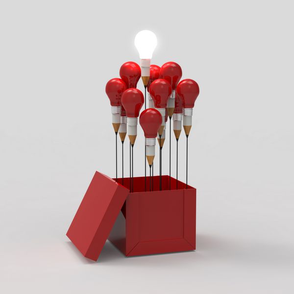 طراحی ایده مداد و مفهوم لامپ در خارج از جعبه به عنوان مفهوم خلاقانه و رهبری