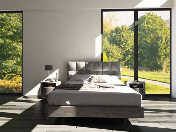 رندر سه بعدی اتاق خواب مدرن با پنجره های کف تا سقف و منظره