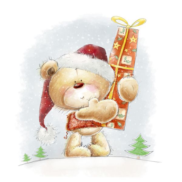 خرس عروسکی زیبا با هدیه قرمز بزرگ در کلاه بابانوئل تصویر کودکانه در رنگ های شیرین پس زمینه با خرس و هدیه خرس عروسکی با دست کشیده شده کارت تبریک کریسمس