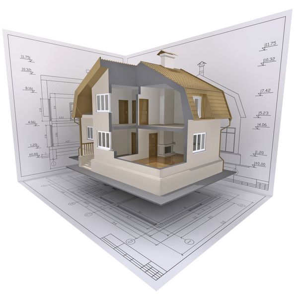نمای ایزومتریک سه بعدی خانه مسکونی برش خورده بر روی نقشه معمار