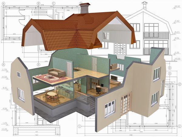 نمای ایزومتریک سه بعدی خانه مسکونی برش خورده بر روی نقشه معمار