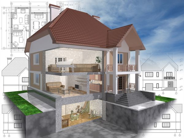 نمای ایزومتریک سه بعدی از خانه مسکونی برش خورده در طراحی معمار