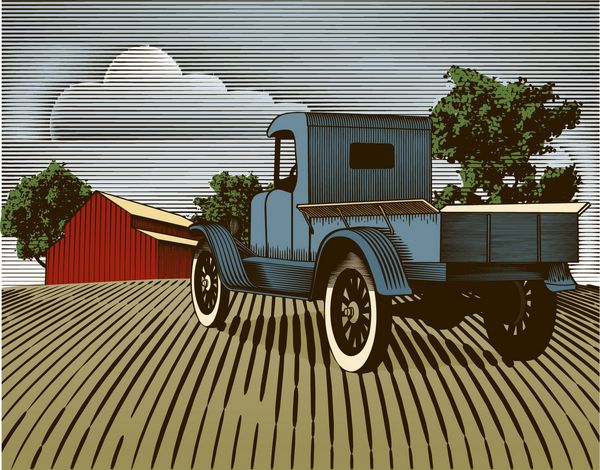 تصویری به سبک حکاکی روی چوب از یک کامیون قدیمی با پس زمینه مزرعه توجه پس‌زمینه رنگی در لایه‌ای جداگانه قرار دارد و قابل حذف است