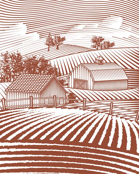 تصویری به سبک چوب‌تراشی از صحنه مزرعه روستایی