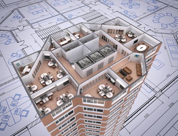 برش سه بعدی ساختمان اداری بر روی نقشه معمار