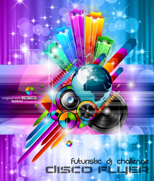 پس‌زمینه پوستر رویداد دیسکو بین‌المللی موسیقی با رنگ‌های رنگین‌کمان عناصر طراحی انتزاعی و تعداد زیادی ستاره