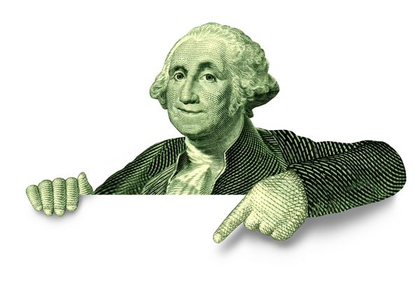 تابلوی خالی پس‌انداز با جورج واشنگتن که به اعلامیه‌ای روی پس‌زمینه سفید اشاره می‌کند به‌عنوان نماد آمریکایی قدیمی سرمایه‌گذاری و ثروت برای کسب درآمد بیشتر و ثروتمند شدن