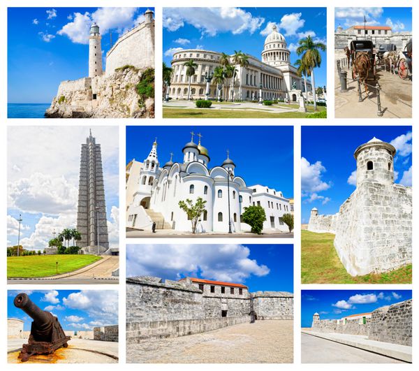 کلاژ با تصاویری از هاوانا شامل کاپیتول میدان انقلاب و قلعه ال مورو