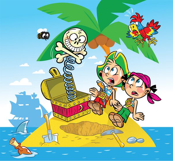 تصویر سرگرمی کودکان را نشان می دهد آنها دزدان دریایی بازی می کنند آنها به جای گنج یک اسباب بازی پیدا کردند