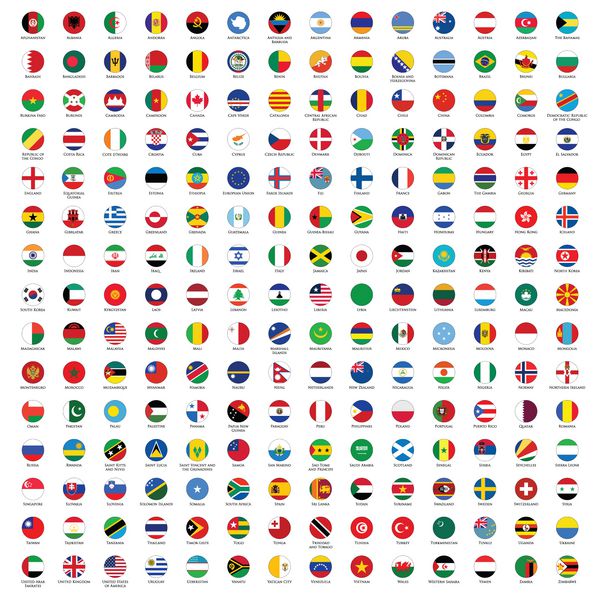 پرچم‌های دایره‌ای جهان با رنگ‌آمیزی رسمی RGB و نمادهای دقیق بر اساس حروف الفبا مرتب شده‌اند