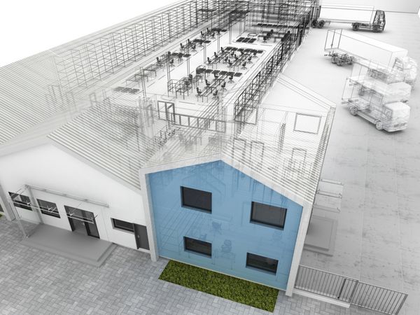 طراحی معماری کارخانه با دفاتر انبار و خدمات حمل و نقل